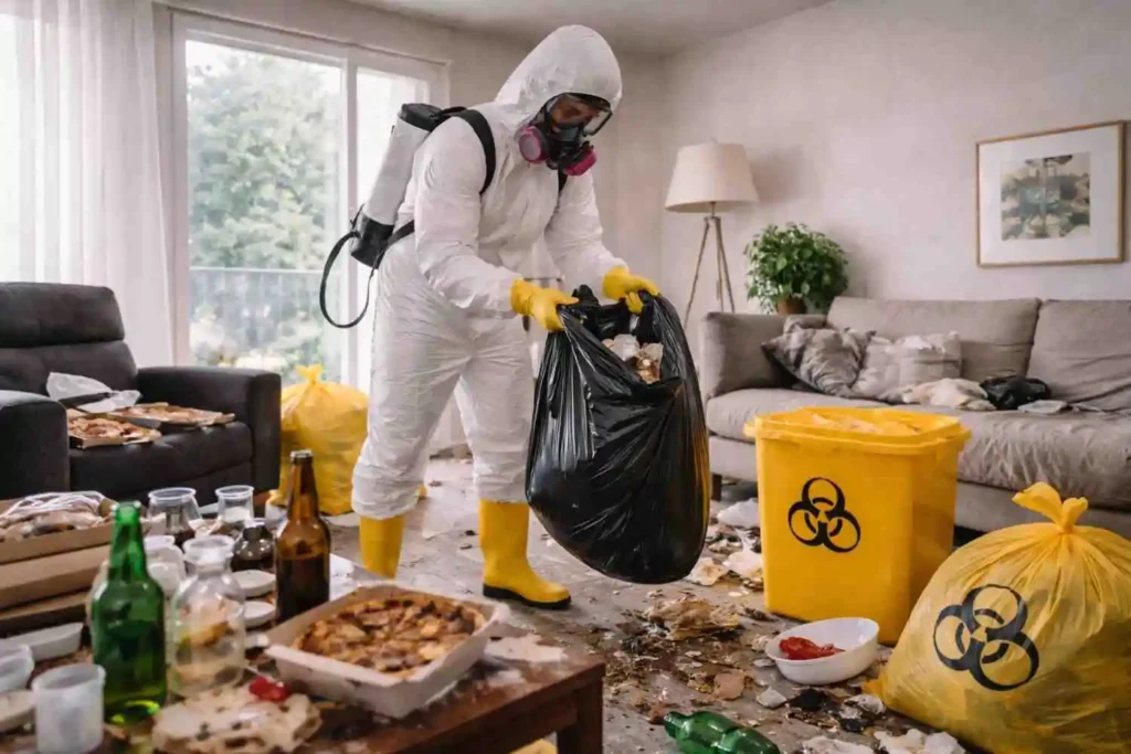 Biohazard cleanup worker in hazmat suit collecting trash and waste in a messy living room using a disposal bag