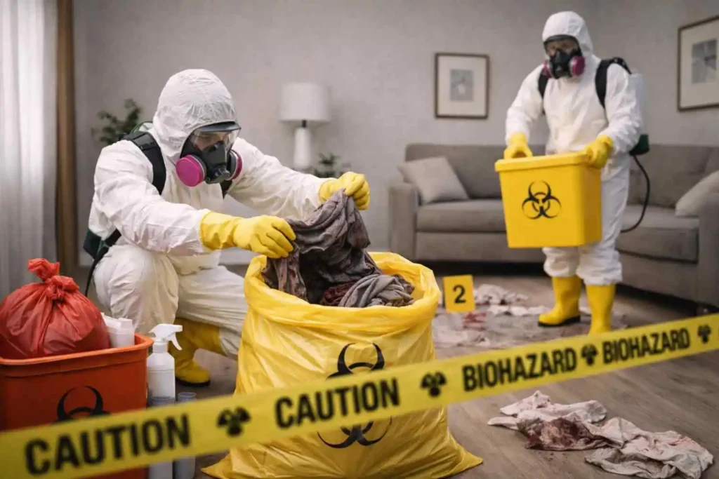 Two professional biohazard cleanup technicians wearing full hazmat suits, gloves, and respirators carefully collecting contaminated materials into a yellow biohazard bag inside a clean, controlled indoor living room environment marked with caution tape.