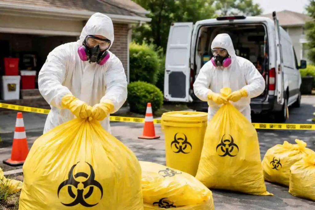 Biohazard cleanup workers in hazmat suits sealing yellow contaminated waste bags in a secured residential driveway area