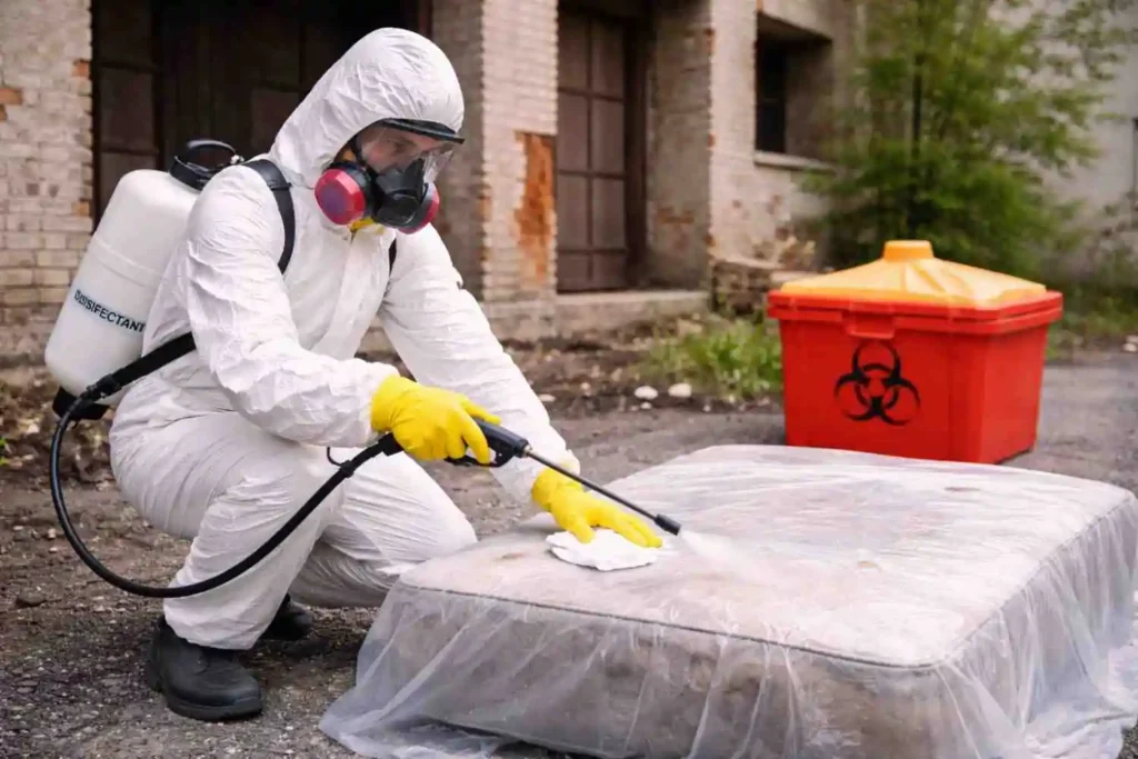 A biohazard cleanup technician in full hazmat suit using a sprayer to disinfect an outdoor mattress while wearing protective gloves and a respirator.