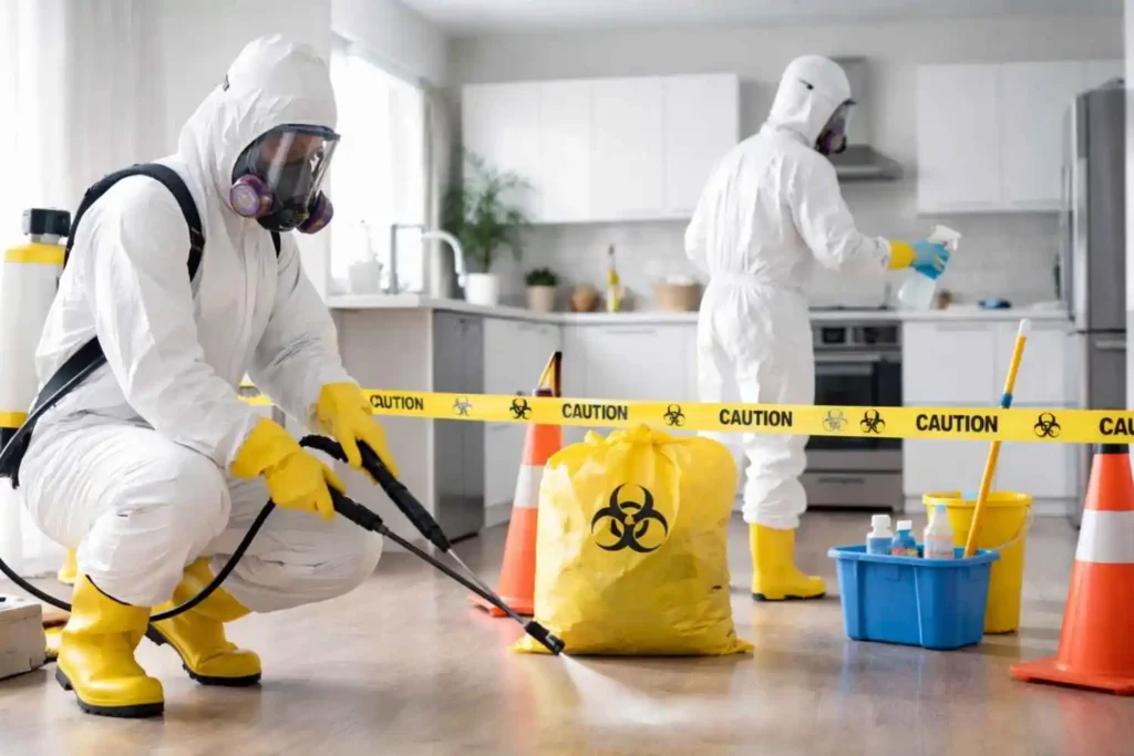 Biohazard cleanup technicians wearing protective hazmat suits disinfecting a residential kitchen with professional sanitation equipment