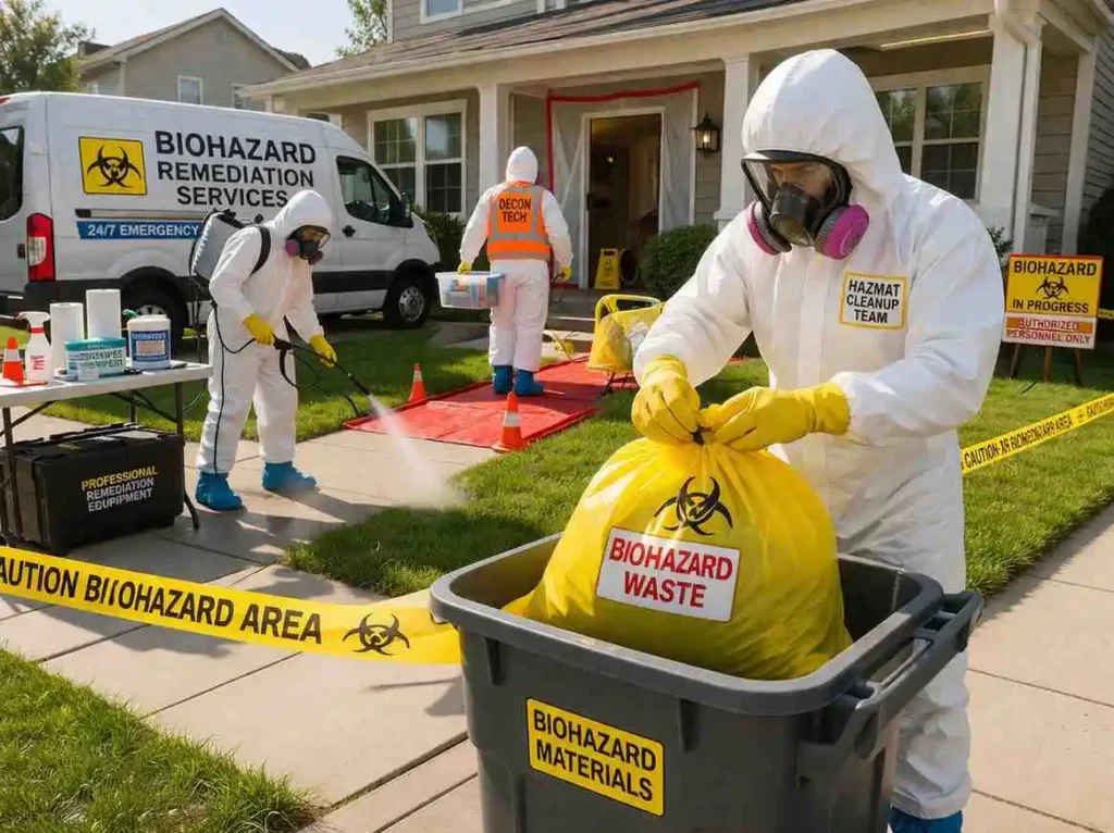 Biohazard cleanup technicians in full protective hazmat suits working outside a suburban home, sealing biohazard waste bags and disinfecting the area within a clearly marked restricted zone.