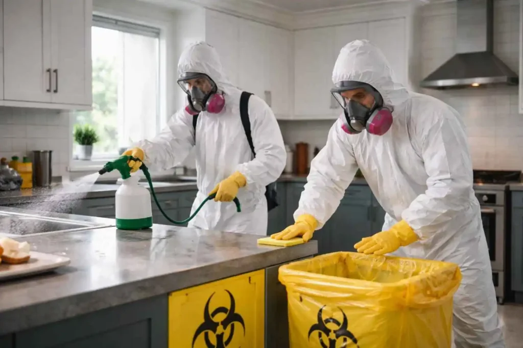 Biohazard cleanup professionals in full protective suits disinfecting a modern kitchen surface with cleaning equipment