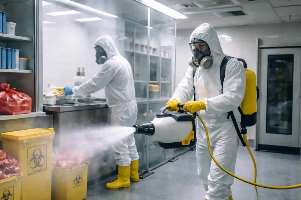 Biohazard cleanup professionals in full protective suits disinfecting a laboratory using a sprayer and wiping surfaces in a sterile environment