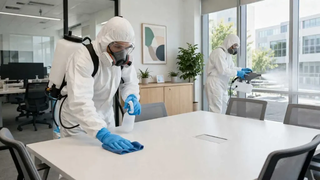 Biohazard cleanup team in hazmat suits sealing contaminated waste bags outside a residential property with safety barriers