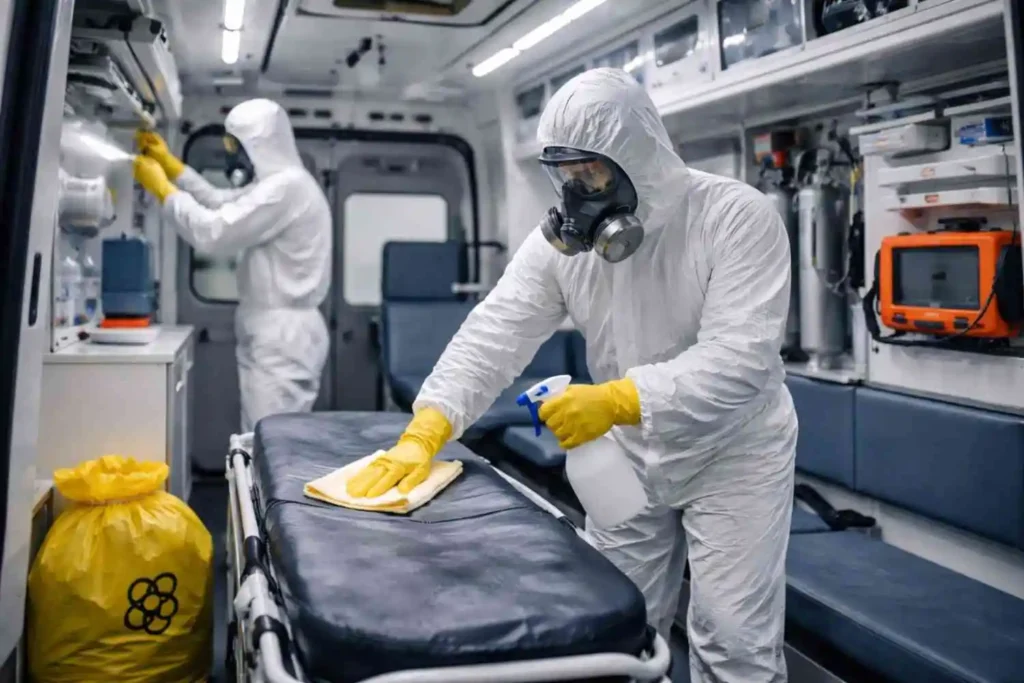 Biohazard cleanup workers in hazmat suits disinfecting an ambulance interior by wiping a stretcher and sanitizing equipment