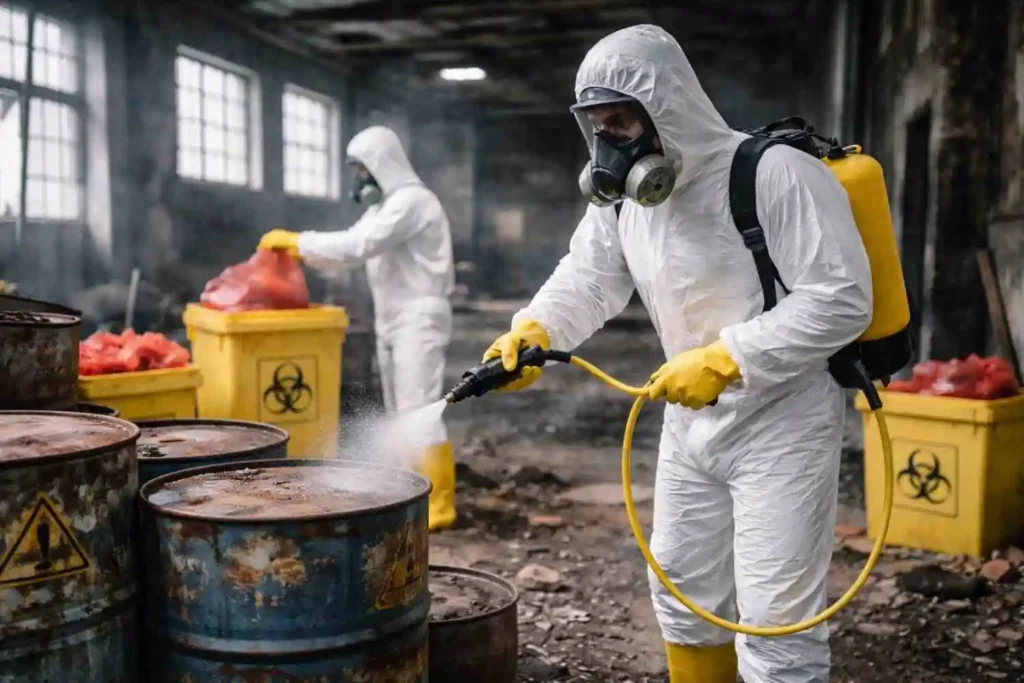 Biohazard cleanup workers in protective suits disinfecting industrial barrels inside a damaged warehouse environment