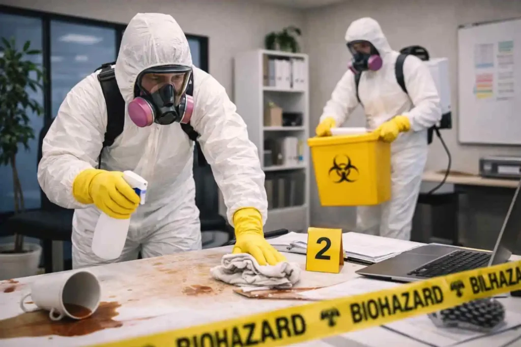 Two professional biohazard cleanup technicians wearing full hazmat suits, respirators, and gloves cleaning a desk in an indoor office setting, with one wiping a spill while the other carries a biohazard container in a controlled environment.