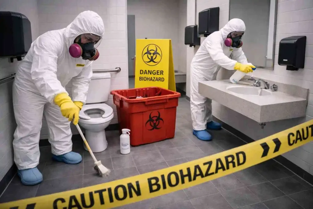 Two biohazard cleanup technicians in full hazmat suits disinfecting a public restroom, with one cleaning the toilet area and the other sanitizing the sink in a controlled environment.