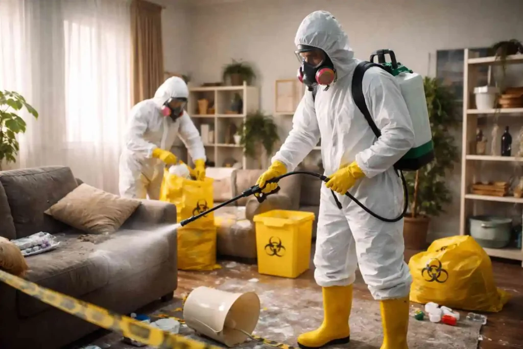 Two professional biohazard cleanup workers in full protective hazmat suits, respirators, and gloves disinfecting a cluttered residential living room, with one worker spraying sanitizer on a sofa while another safely collects contaminated materials into labeled biohazard disposal bags.