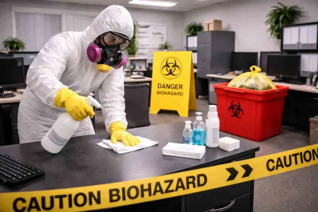 A single biohazard cleanup technician in full hazmat suit and respirator disinfecting an office desk while handling cleaning supplies in a controlled indoor environment.
