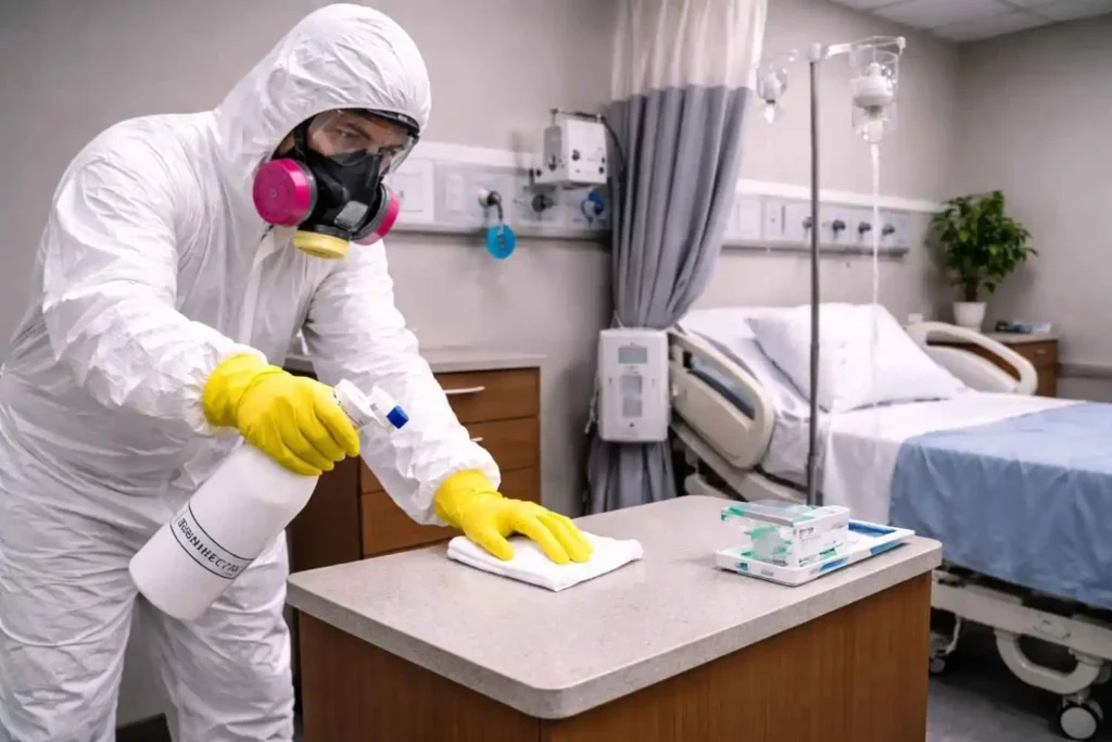 A biohazard cleanup technician in full hazmat suit and respirator disinfecting a bedside table in a hospital room with medical equipment nearby.