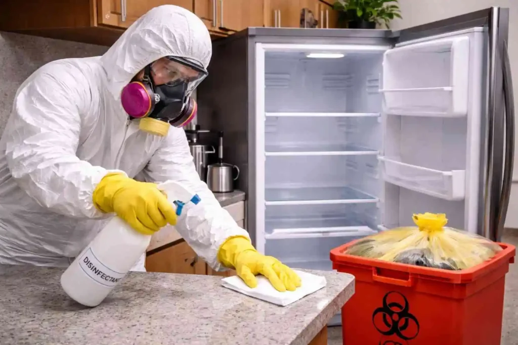 A biohazard cleanup technician in full hazmat suit and respirator disinfecting a kitchen countertop while cleaning an open refrigerator in a modern indoor setting.