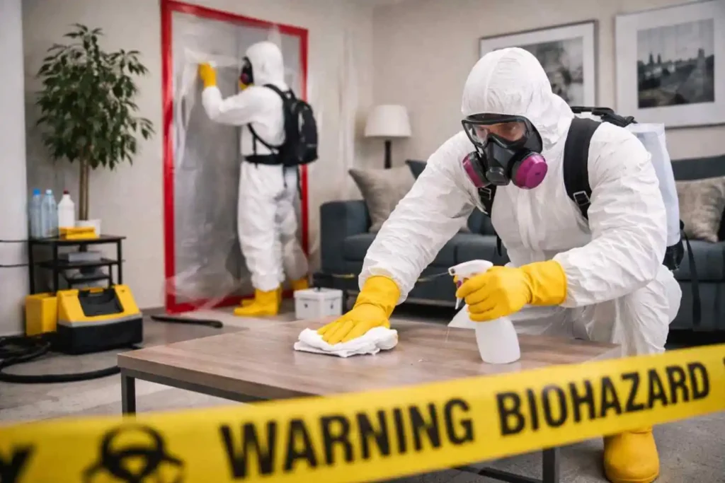 Two professional biohazard cleanup technicians in full hazmat suits, respirators, and gloves sanitizing a living room, with one wiping a coffee table while another sets up a containment barrier in a restricted indoor area.