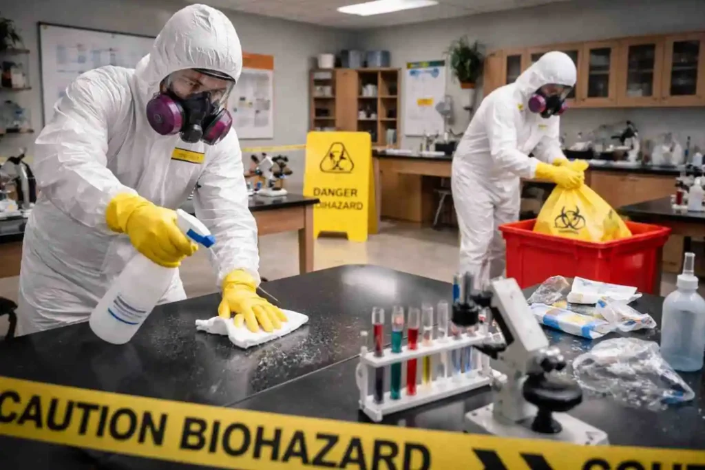 Two biohazard cleanup technicians in full hazmat suits disinfecting lab surfaces and sealing biohazard waste in a science laboratory setting.