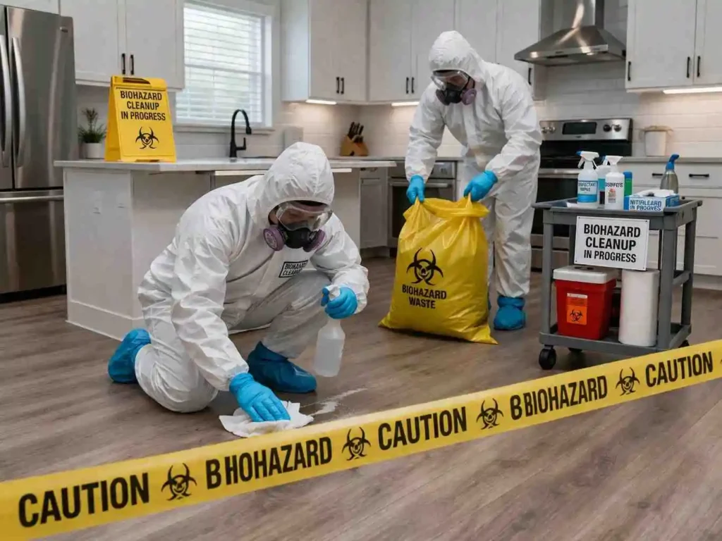 Two professional biohazard cleanup technicians in full protective hazmat suits, gloves, and respirators cleaning a modern residential kitchen floor while handling a sealed biohazard waste bag in a controlled indoor environment.