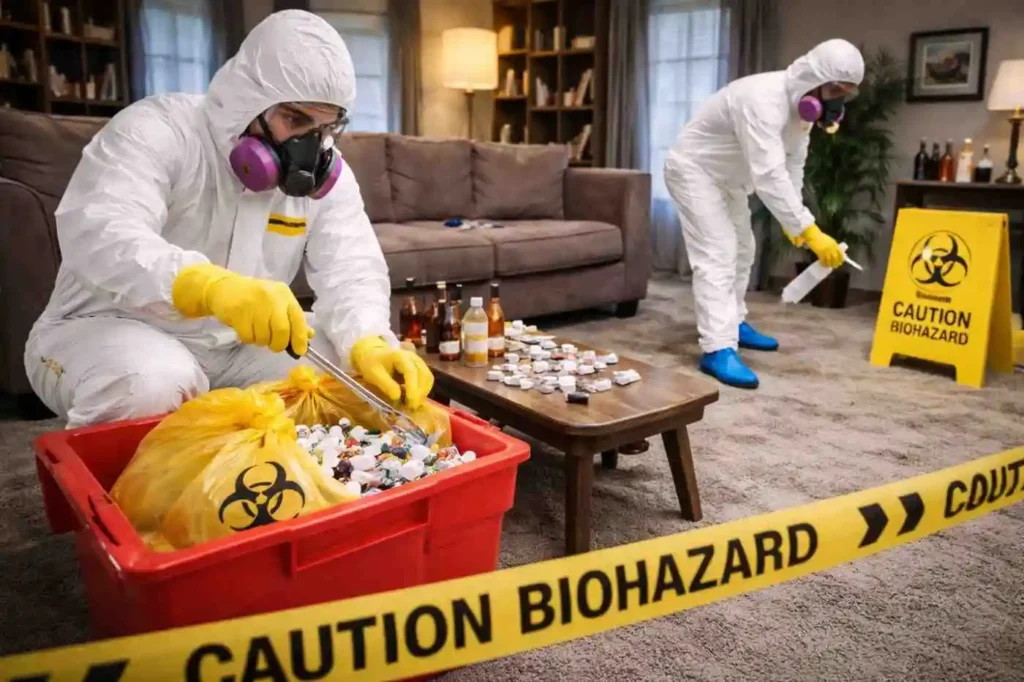 Two biohazard cleanup technicians in full hazmat suits safely collecting waste into a biohazard container while disinfecting surfaces in a residential living room.