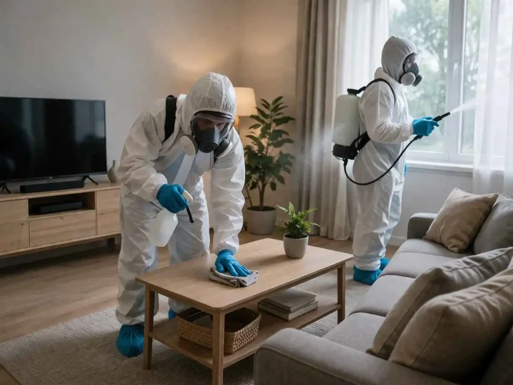 Biohazard cleanup professionals in hazmat suits disinfecting a modern living room with spray equipment and surface cleaning