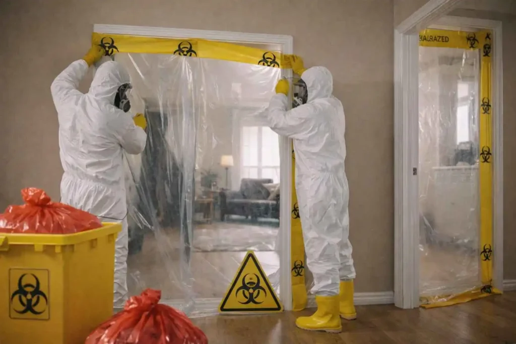 Biohazard cleanup technicians in protective suits sealing a residential doorway with plastic sheeting and warning tape
