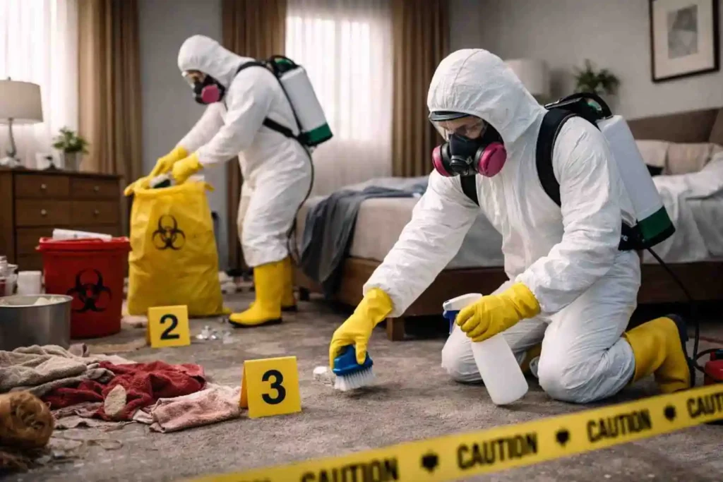 Two trauma cleanup professionals in full protective hazmat suits and respirators working inside a bedroom, with one technician scrubbing the floor while the other collects hazardous materials into a biohazard disposal bag in a controlled indoor environment.