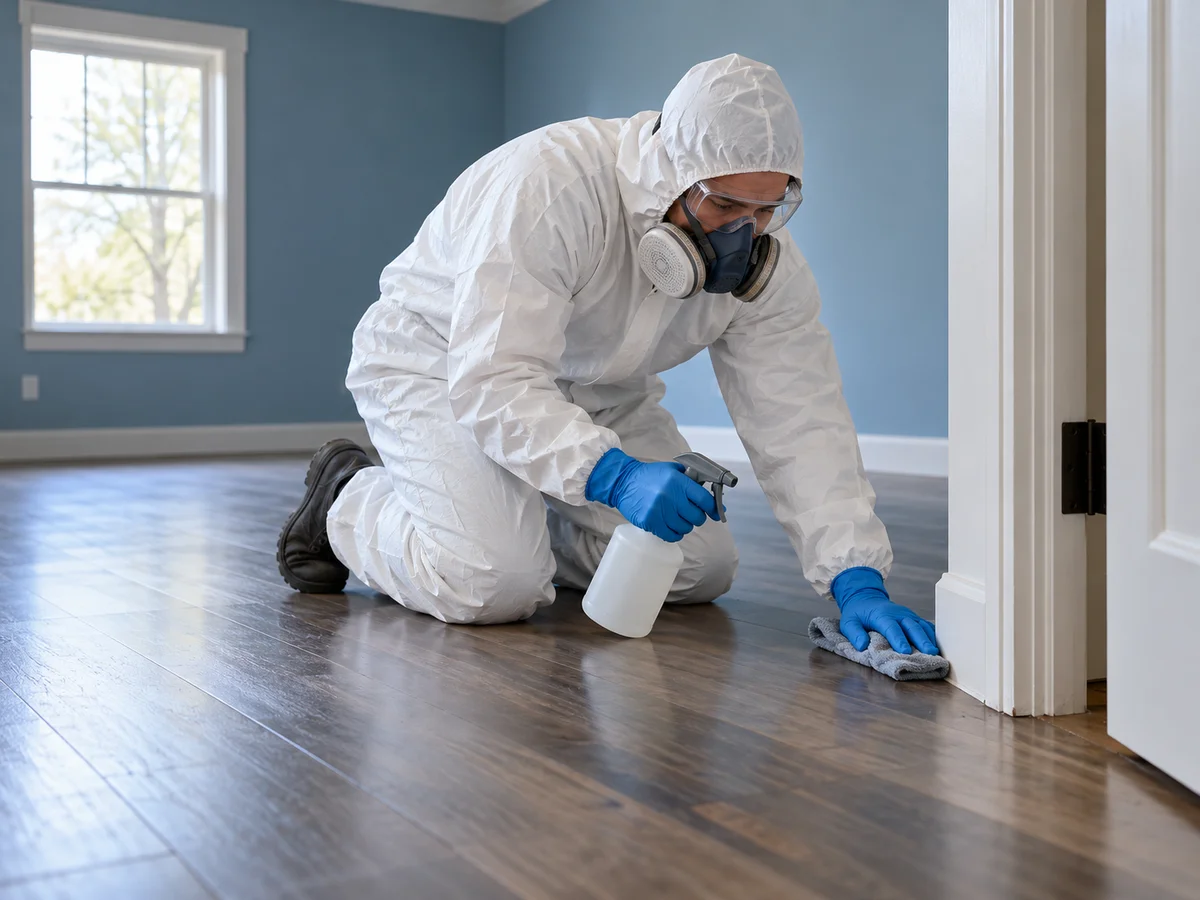 Technician in protective equipment wiping flooring along the edge of a bedroom doorway, illustrating residential death cleanup in Schererville, Indiana.