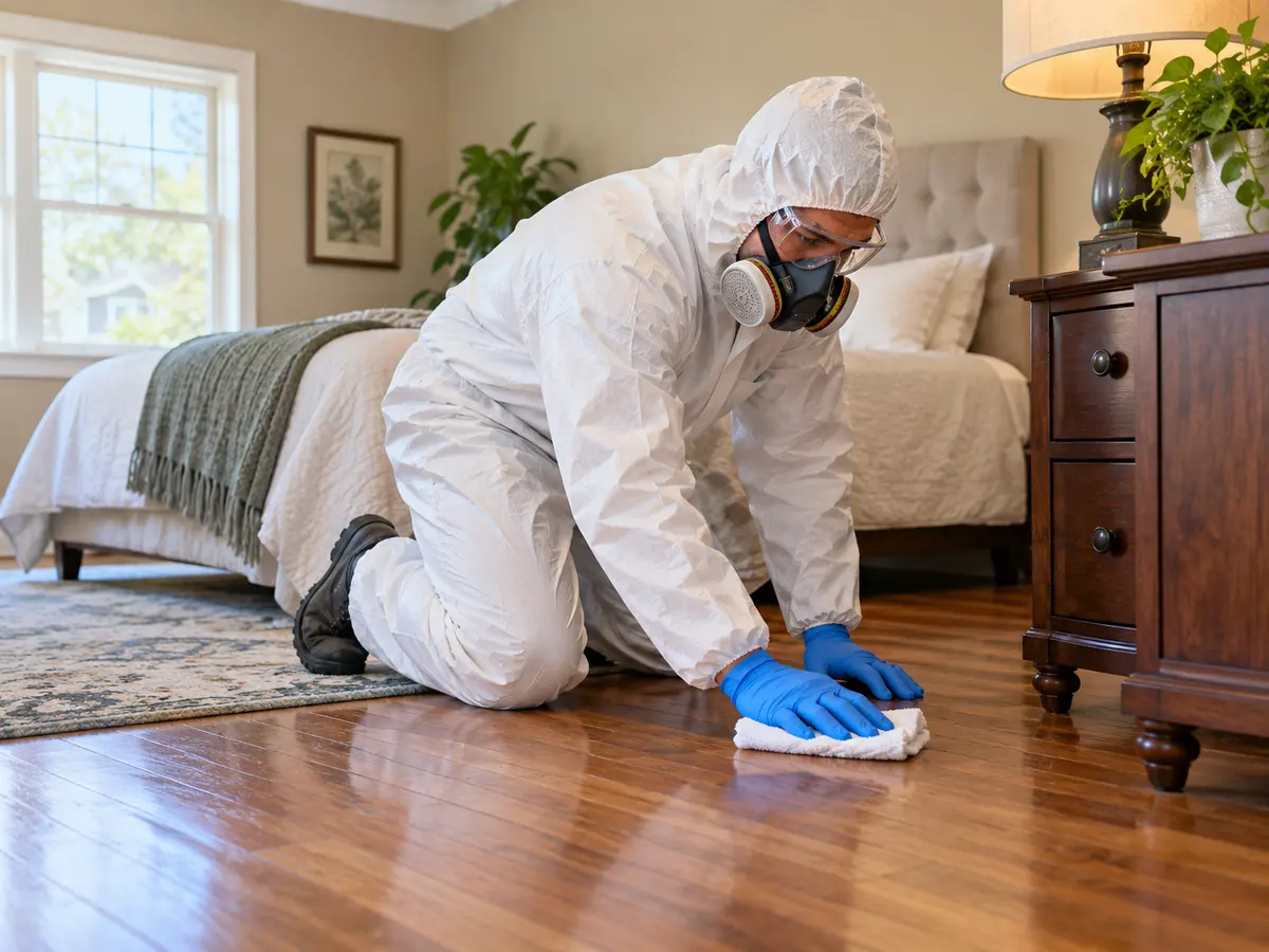 Technician in protective equipment wiping hardwood flooring beside a bedside cabinet, illustrating residential death cleanup in Hammond, Indiana.