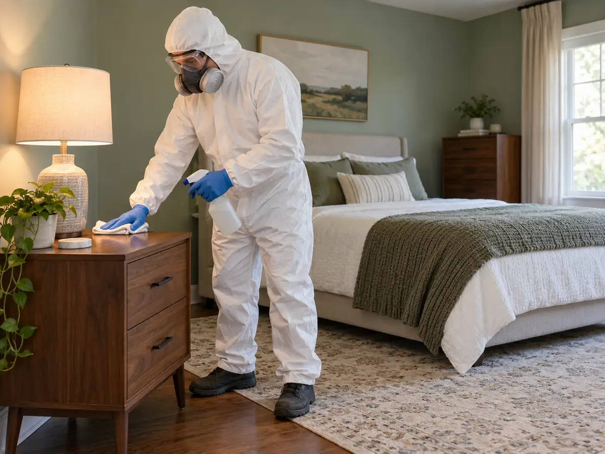 Technician in protective equipment wiping a wooden bedside table in a quiet bedroom, illustrating residential death cleanup in Carmel, Indiana.