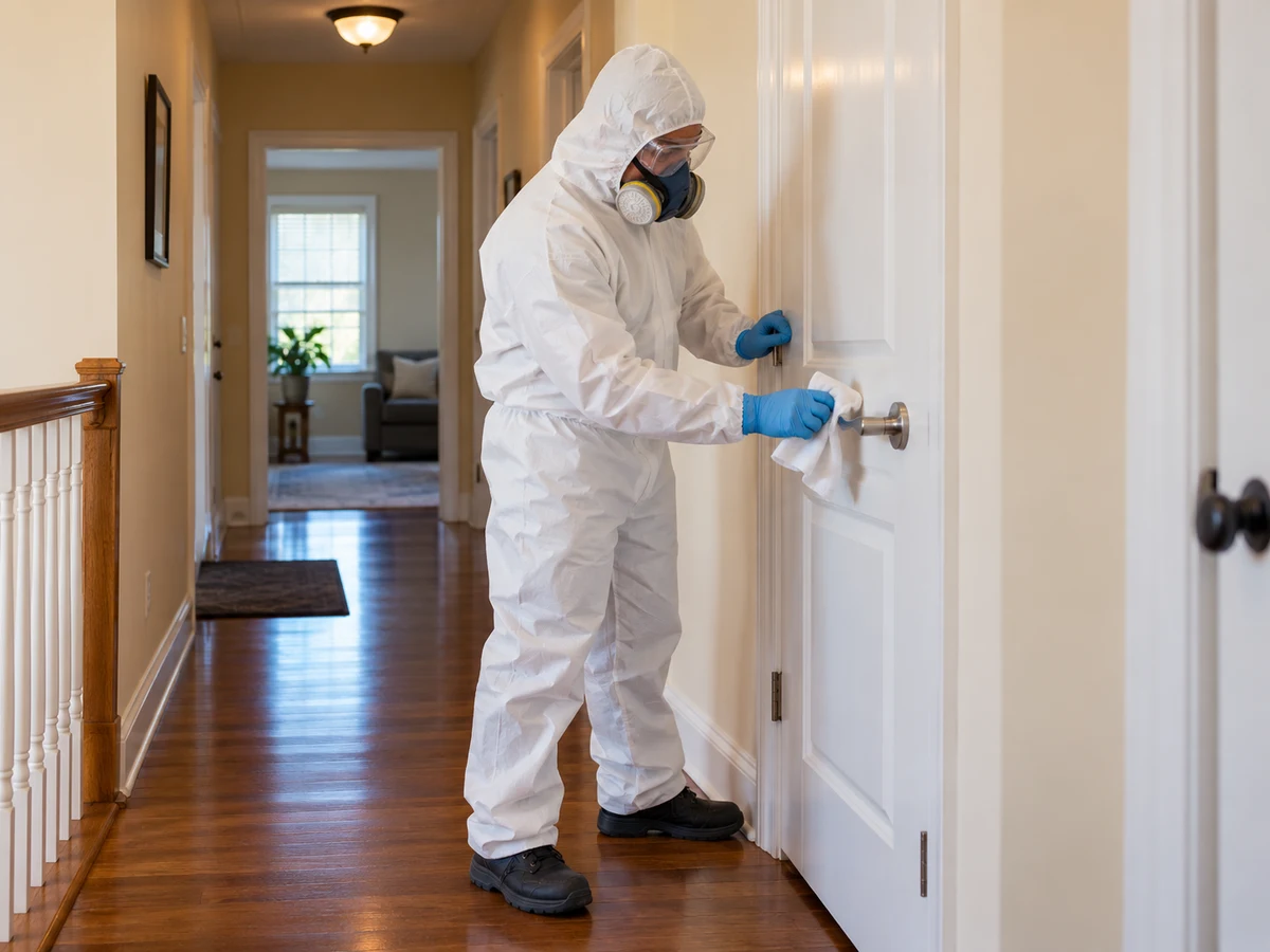 Technician in protective equipment wiping an interior door near its handle in a residential hallway, illustrating residential death cleanup in Gary, Indiana.