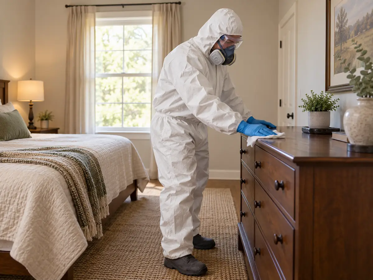 Technician in protective equipment carefully wiping the top of a wooden bedroom dresser, illustrating residential death cleanup in Valparaiso, Indiana.