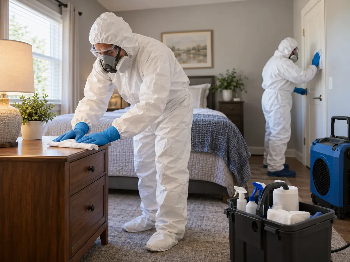 Technicians in protective equipment cleaning bedroom surfaces, illustrating death cleanup services in Munster, Indiana.