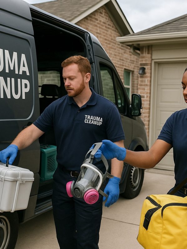 See our IICRC certified trauma cleanup professionals preparing at a house in Washington IL to do a crime scene cleanup.