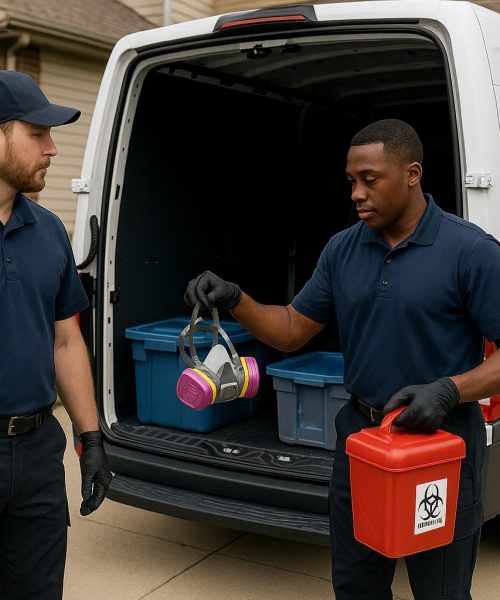 Biohazard cleanup technicians packing our van after a trauma cleanup in Taylorville IL