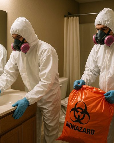 Here we see our trauma cleanup technicians completing the crime scene cleanup process in a bathroom at a customers home in Riverside IL