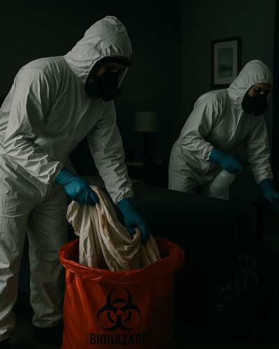 Here you see two of our trauma cleanup technicians removing biohazards at a local crime scene cleanup job we completed in O'Fallon IL.