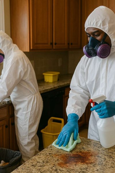 Watch our trauma cleanup technicians expertly clean and remove blood from surfaces at a crime scene cleanup in Riverside IL