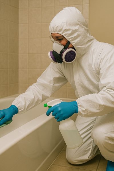 Midwest Trauma Cleanup technician hard at work cleaning biohazards in a bathroom at a home in Taylorville IL
