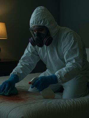 Midwest Trauma Cleanup employee providing a customer our professional trauma cleanup service in Streamwood IL.