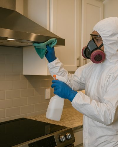 You see our technicians completing the final wipe down at a crime scene cleanup at a house in Schaumburg IL