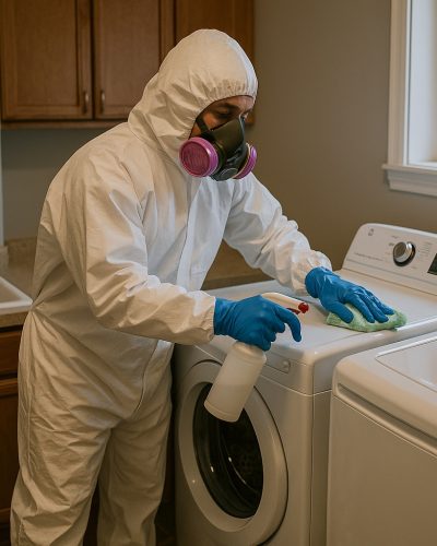 Our IICRC Certified biohazard cleanup staff work to clean a laundry room at a house in Sterling Illinois after a traumatic incident and death.