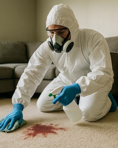 You can see our biohazard cleanup involves blood cleanup as our technician begins the process to remove blood and other hazards at a customers home in Taylorville IL.